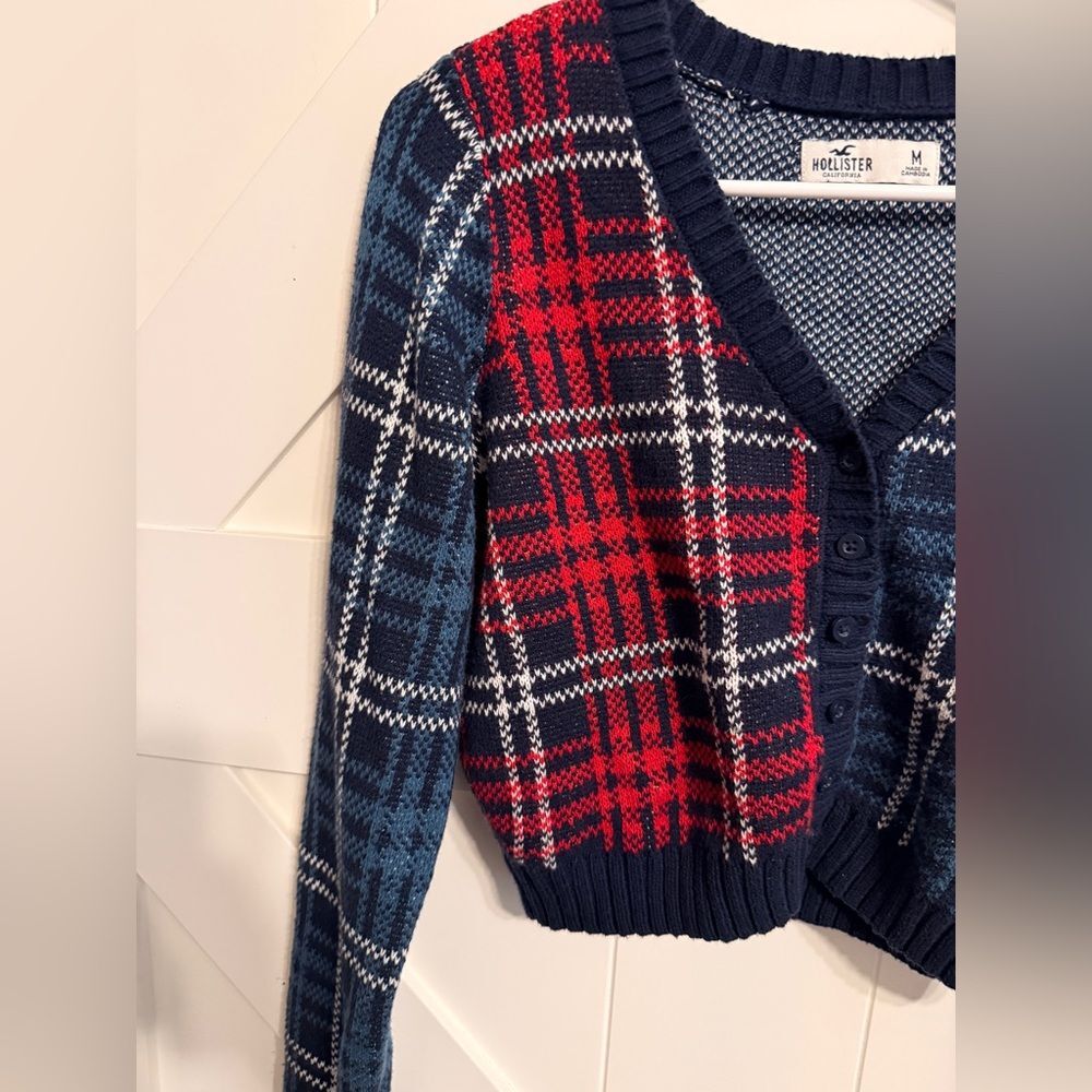 Hollister Women's Medium Plaid Button Up Cable Knit Sweater Blue Red Academic - Picture 2 of 6